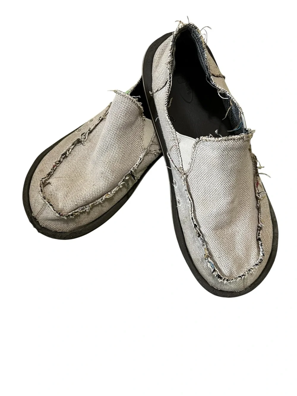 Sanuk Men's Frayed Canvas Slip-On Boat Shoes in Light Gray with Black Sole